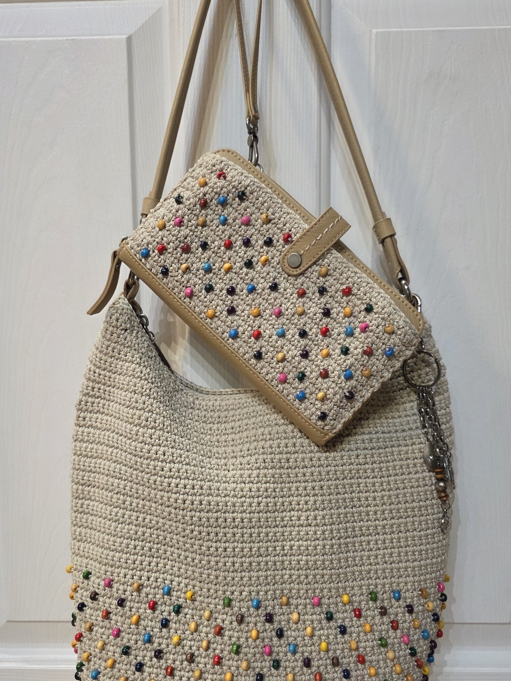 The Sak Beaded Crochet Shoulder/ Wallet Set in Natural Beige